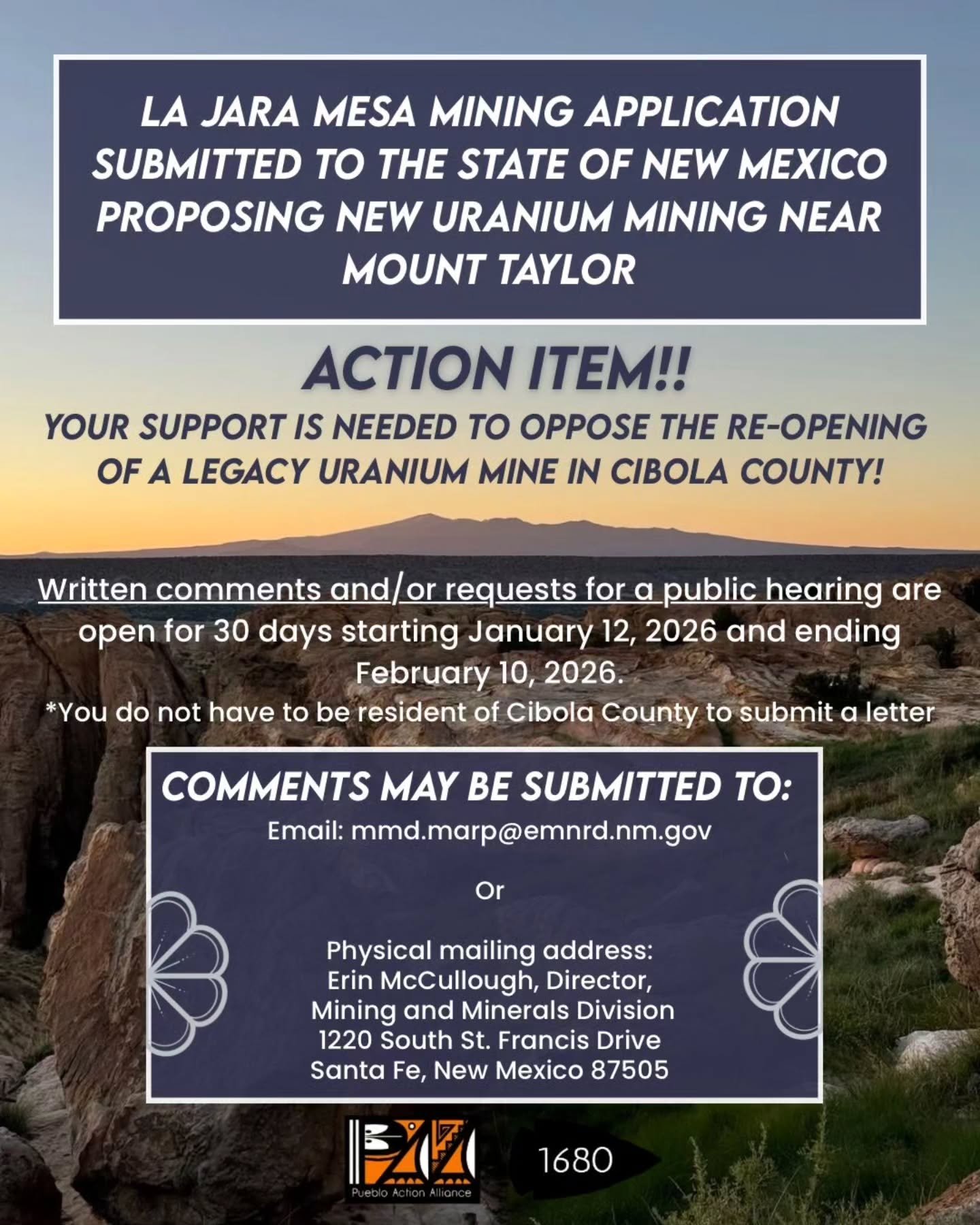 🚨 Uranium Mining Proposal near Mt. Taylor Submitted to the State of New
Mexico! Comment period ends Feb. 10! 🚨

Your support is needed to oppose the re-opening of a legacy Uranium mine in Cibola County!

📑 FIND OUR TOOLKIT IN OUR LINKTREE! SAMPL
