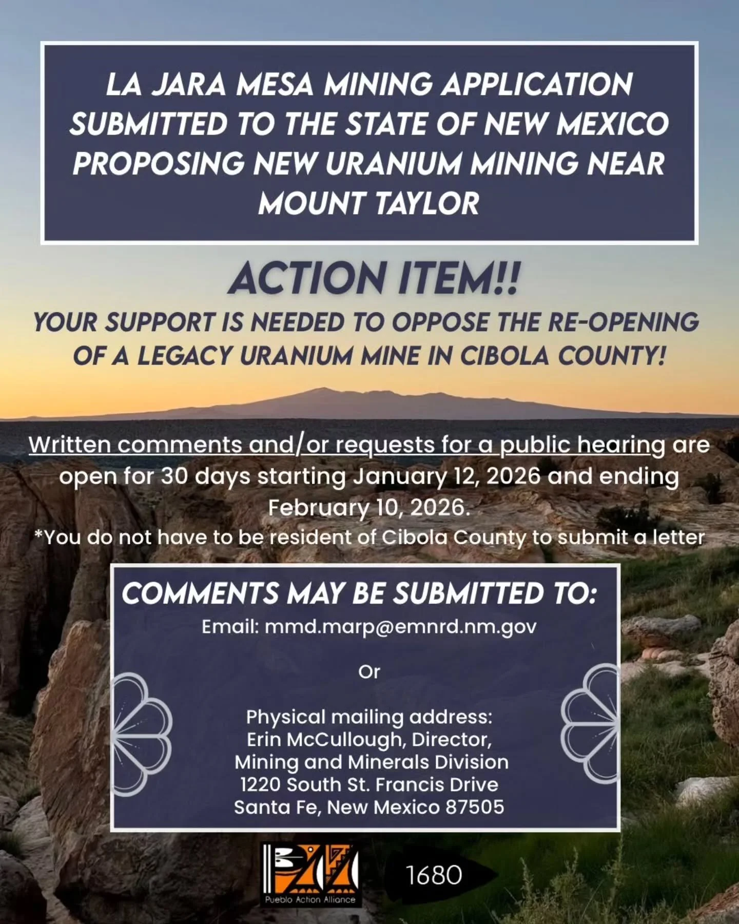 🚨 Uranium Mining Proposal near Mt. Taylor Submitted to the State of New
Mexico! Comment period ends Feb. 10! 🚨

Your support is needed to oppose the re-opening of a legacy Uranium mine in Cibola County!

📑 FIND OUR TOOLKIT IN OUR LINKTREE! SAMPL