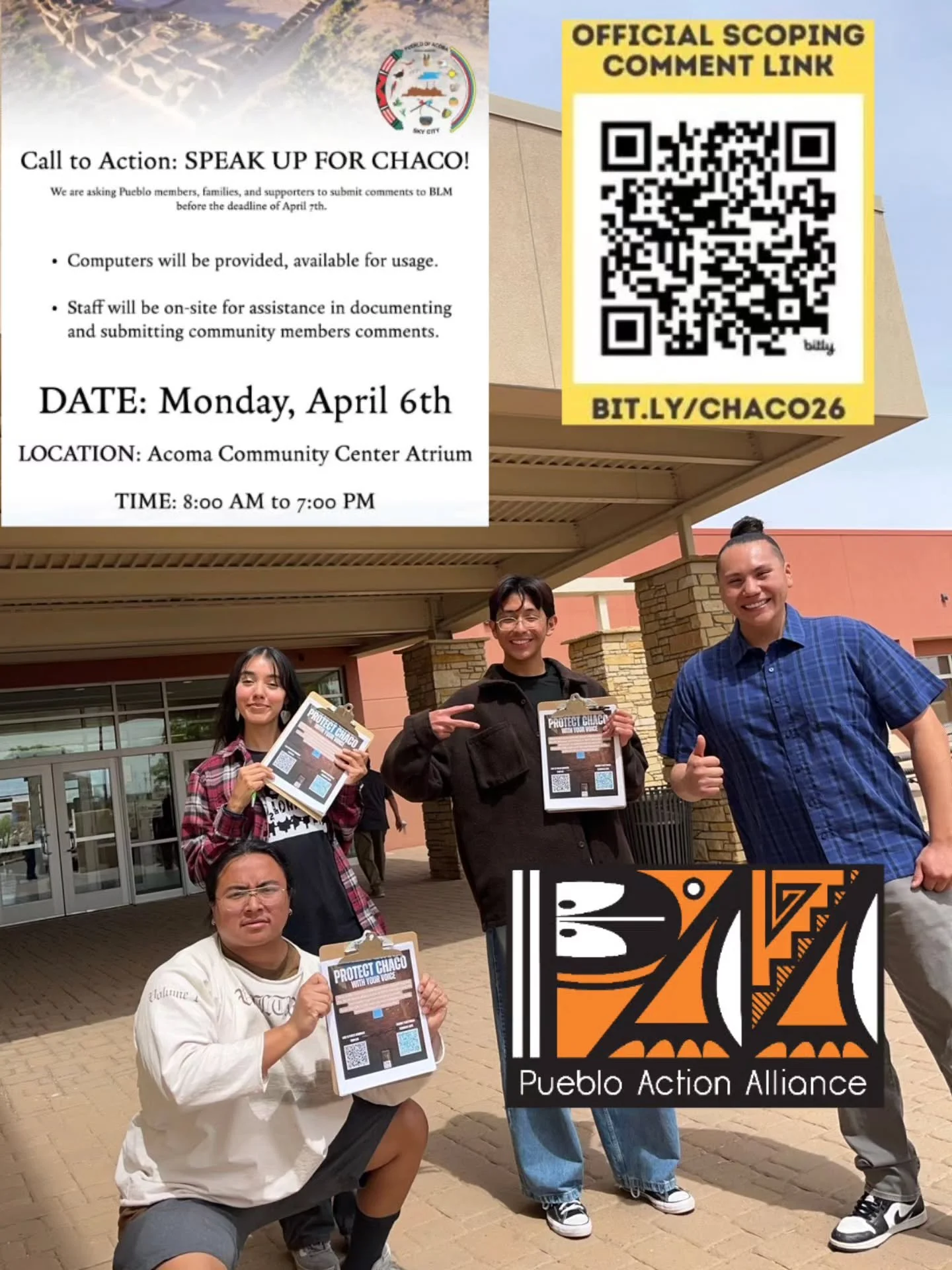 🚨 CALL TO ACTION! 🚨
Protect Greater Chaco!
1 Day Left for
Scoping Period Comments! 
Due April 7, 2026

Scan the QR Code to Submit Your Comment: bit.ly/CHACO26

Scan the QR Code to read our Chaco Toolkit: bit.ly/2026TOOLKIT

🏔 Our Cultivating Roots
