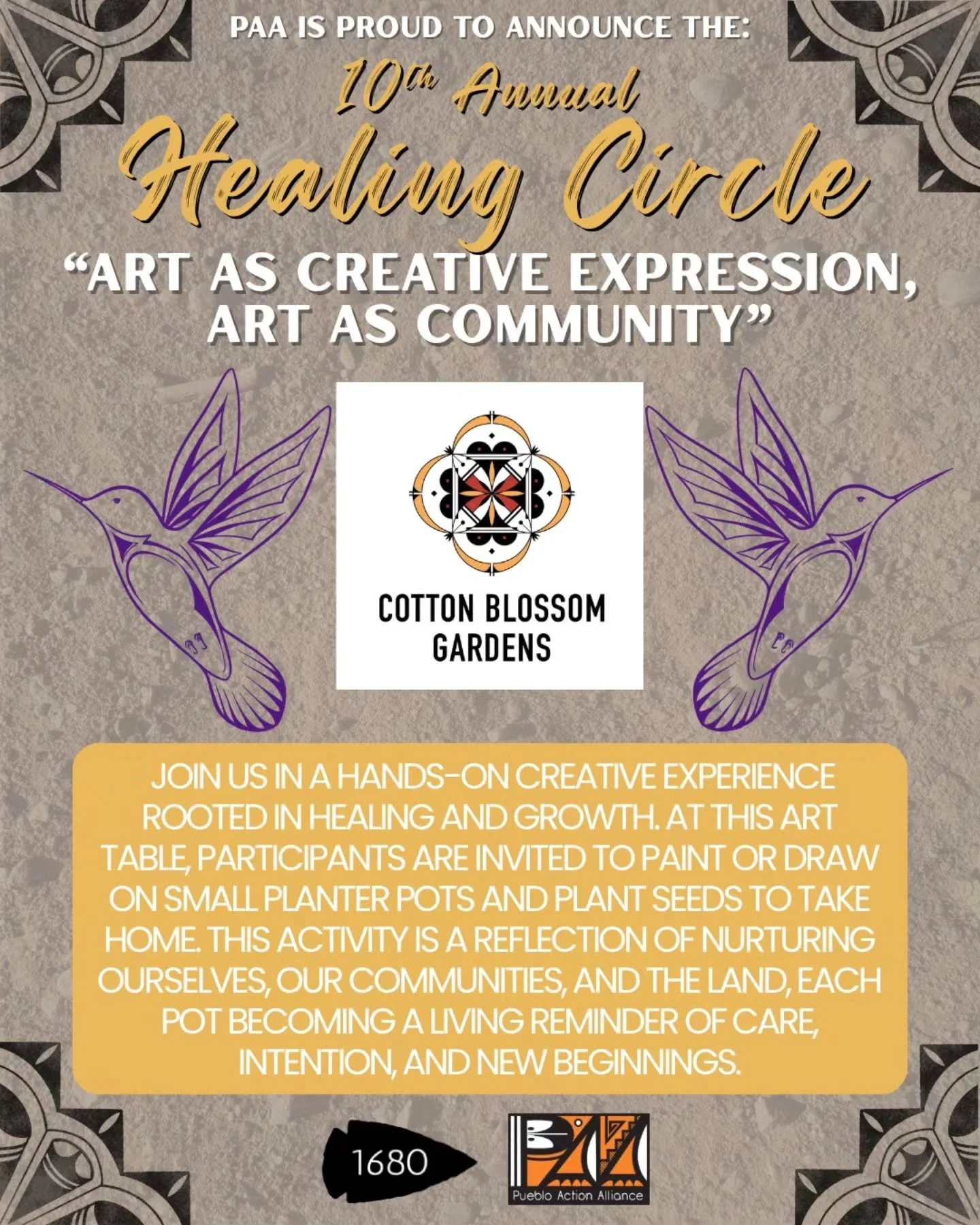 🏔 10th Annual Healing Circle 🏔
💫 Saturday, April 25, 2026 💫

✨️ Greetings Relatives! 

We are excited to announce our first creative station with Cotton Blossom Gardens! 

⚡️ Cotton Blossom Gardens (CBG) is a Pueblo women led farm located in the 