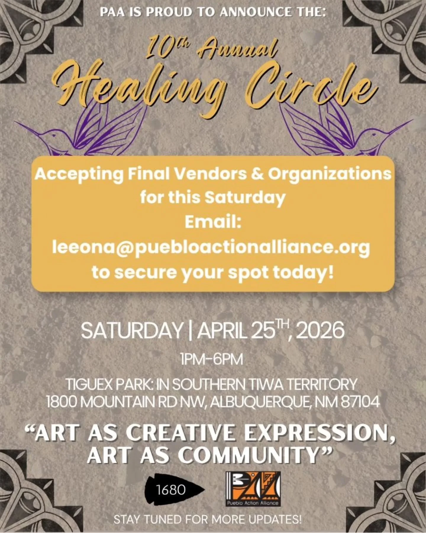 ✨️ Interested in being a vendor or representing your organization? Great news! We are accepting vendors and orgs til Friday! Please email Leeona if you are interested in joining us this weekend!

leeona@puebloactionalliance.org

💫 Secure your spot t