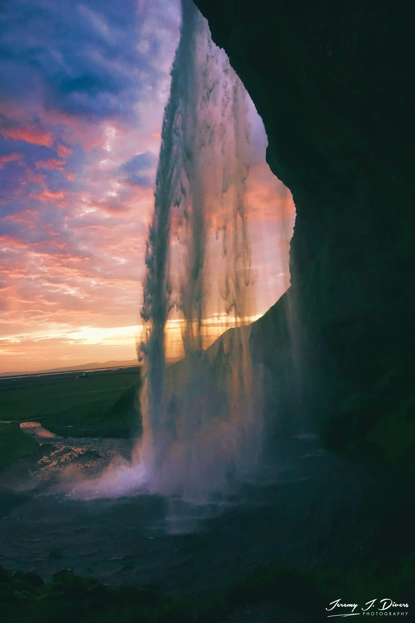 "Sunset from behind the Waterfall" Seljalandsfoss, Iceland
