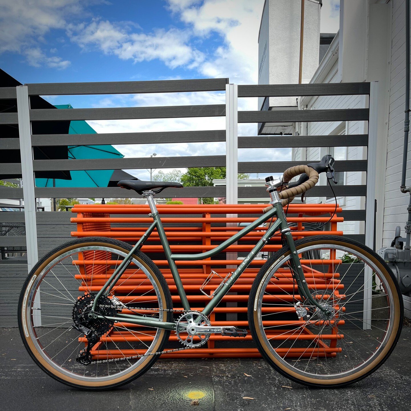 Fresh off the work stand is one brand new Velo Orange Polyvalent Low Kicker. It's running a shiny silver VO wheel set wrapped with 650x48 GravelKing SS tires and a White Industries crankset and bottom bracket. Stopping is provided by a set of Growtac