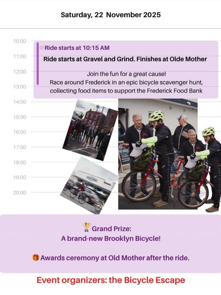 Join in the fun for a great cause this Saturday November 22nd for Frederick&rsquo;s 11th annual Cranksgiving. Race around town on bicycles during this epic scavenger hunt, collecting food for the Frederick Food Bank.  Ride begins at 10:15 am and ends