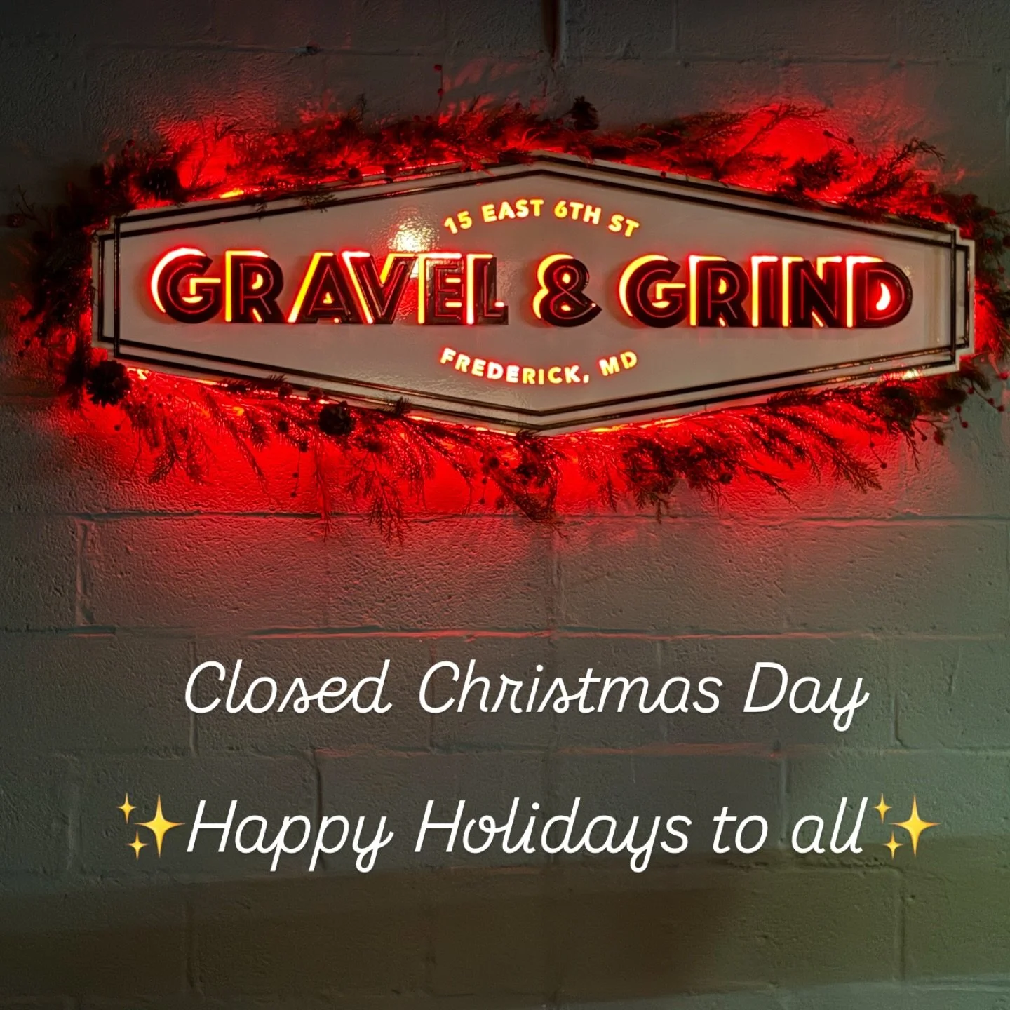 Happy Holidays!! We are closed today, 12/25 and we will reopen tomorrow @ 8am.  We hope you have a wonderful day however you celebrate. 
.
.
.
#holidays #gravelandgrind #frederickmd