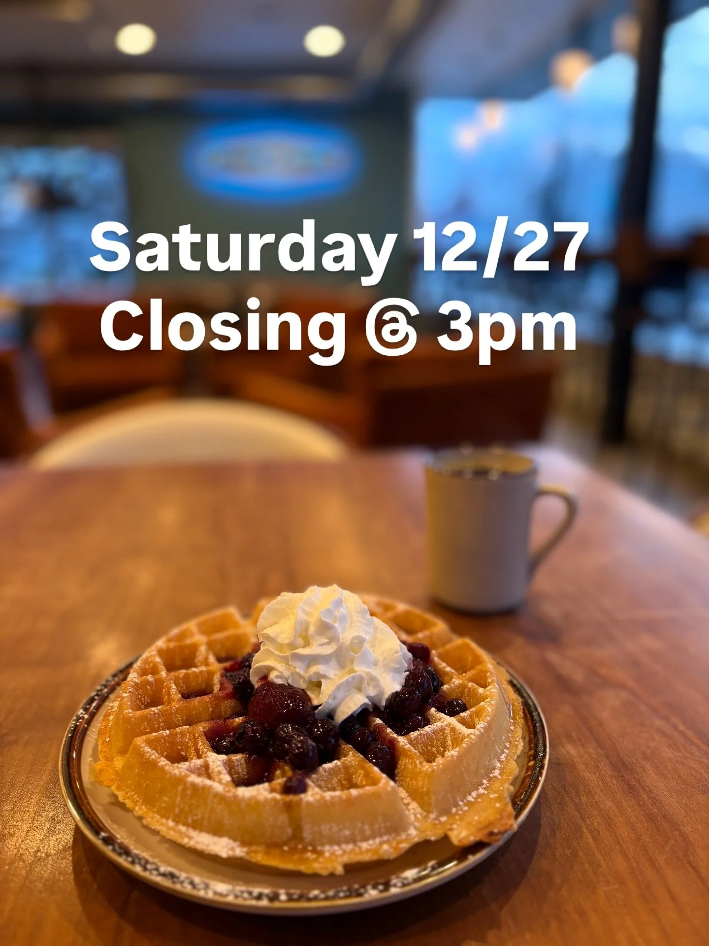 Hi Folks, we will be closing at 3pm today.  As always, waffles until 1pm and all the rest til 3. 
.
.
.
#waffleweekend #coffee #closingtime