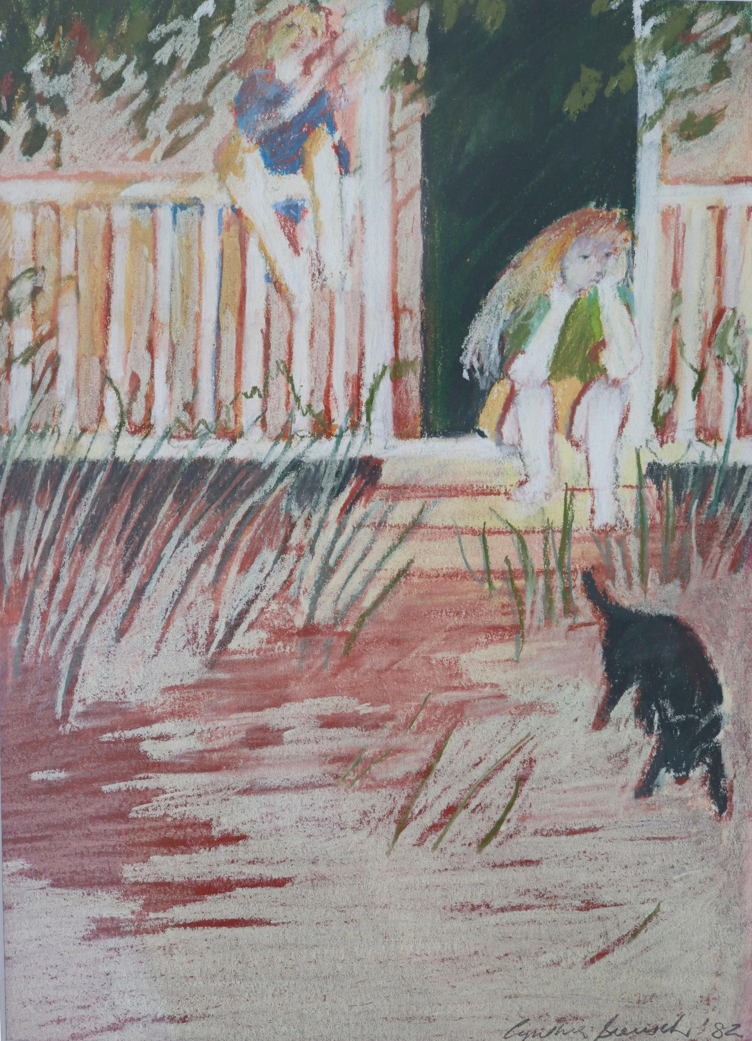 Painting of a girl with long hair sitting outside, with a boy with short hair bending over near her, with trees and a fence in the background, painted in an impressionist style.