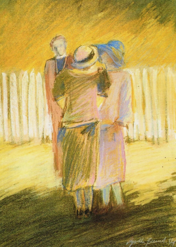 An impressionistic painting of three women standing outdoors, one wearing a sun hat, with a white picket fence behind them and a yellow-orange background.
