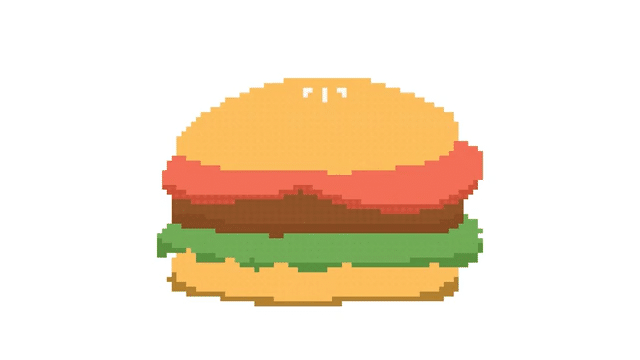 Pixel art depiction of a burger with bun, lettuce, tomato, beef patty, and top bun