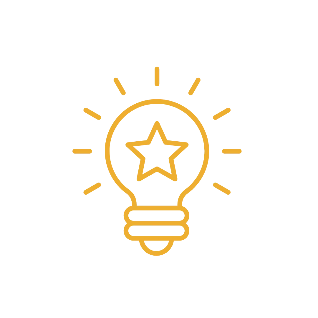 Illustration of a glowing lightbulb with a star inside, emitting rays of light.