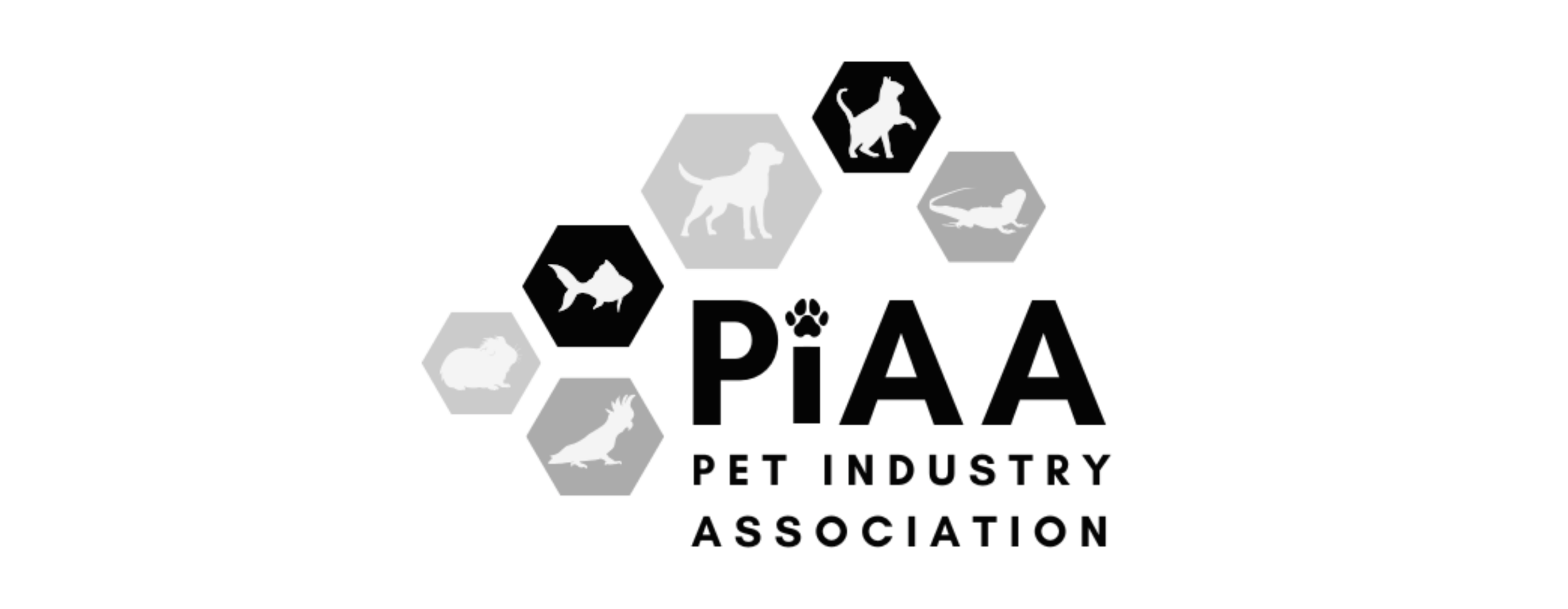 Logo of the Pet Industry Association with silhouette icons of various pets including a dog, cat, fish, lizard, bird, and rat arranged in hexagons around the text.