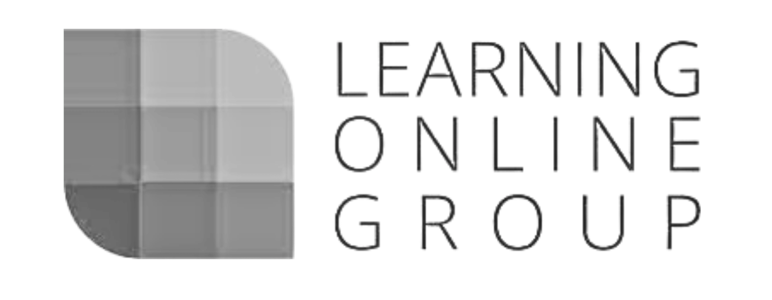 Logo for an online learning group, featuring a gray cube on the left and the words 'Learning Online Group' in black, uppercase letters on the right.