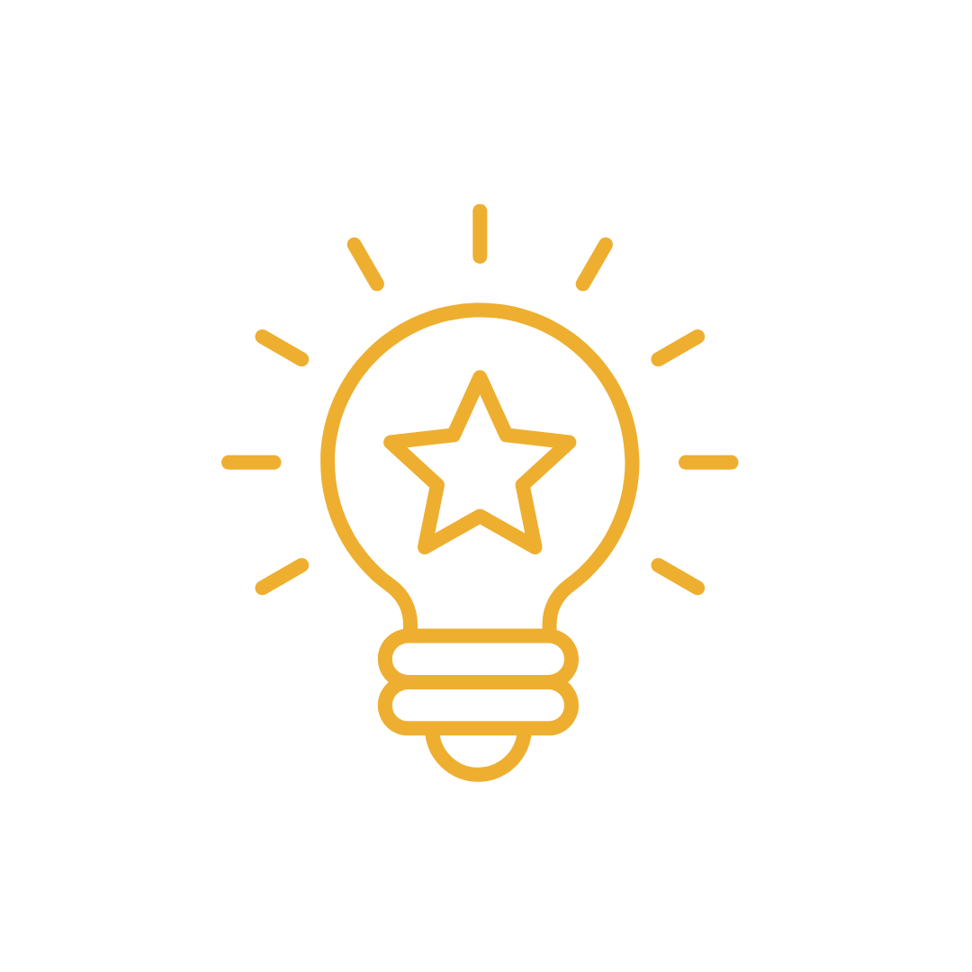 Gold outline of a light bulb with a star inside, radiating lines around it on a black background.
