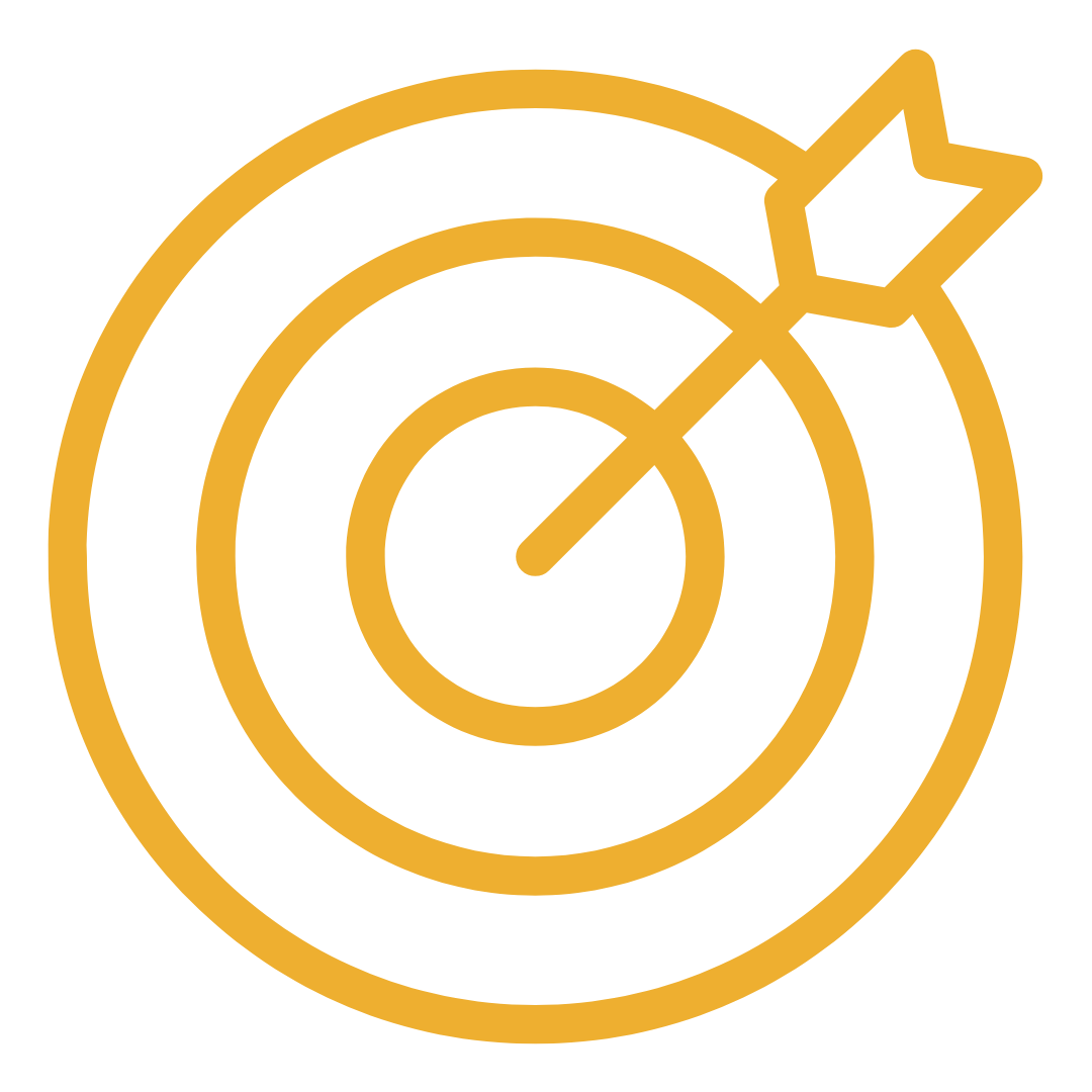 A gold-colored target with three concentric circles and an arrow hitting the bullseye.