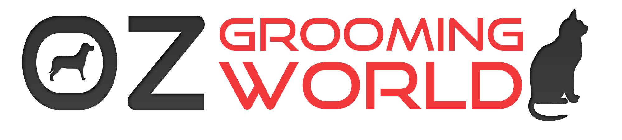 Logo with the word "Oz Grooming World" in black and red letters, featuring a silhouette of a dog inside a circle and a silhouette of a cat sitting.