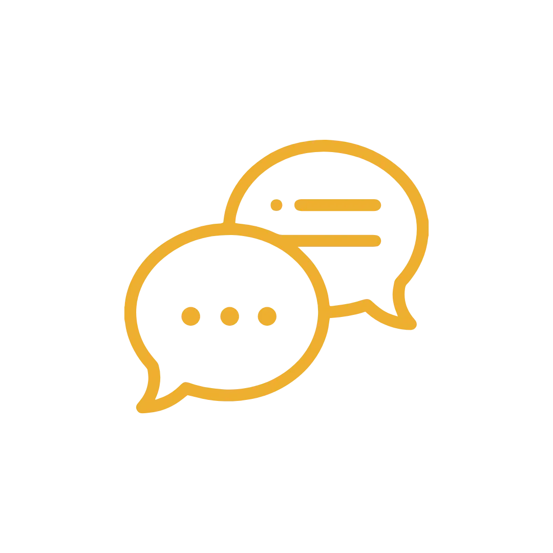 Two overlapping speech bubbles outlined in gold, one with three dots indicating conversation and the other with lines representing text, on a black background.