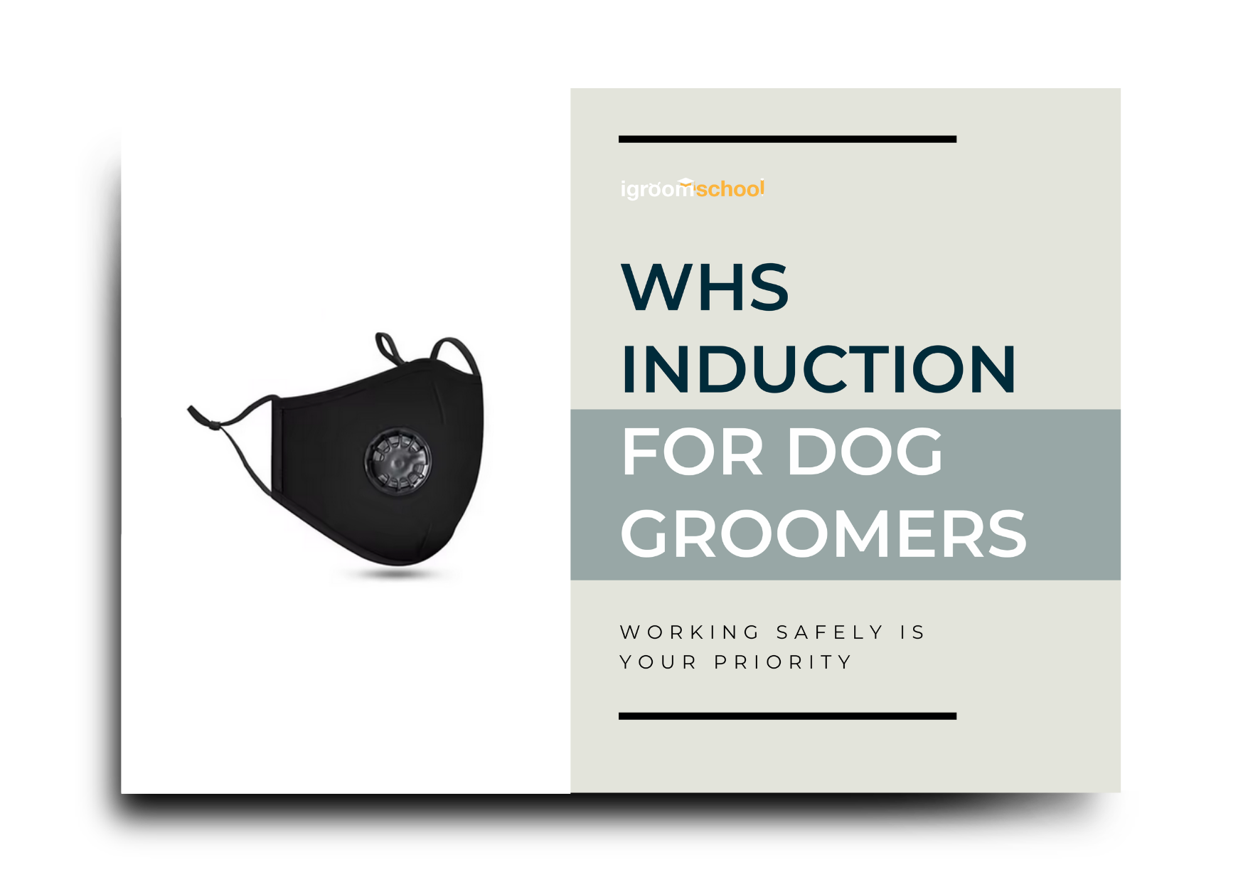 Infographic about WHS induction for dog groomers online course featuring a black face mask with an air filter, and text emphasizing safety and working responsibly.
