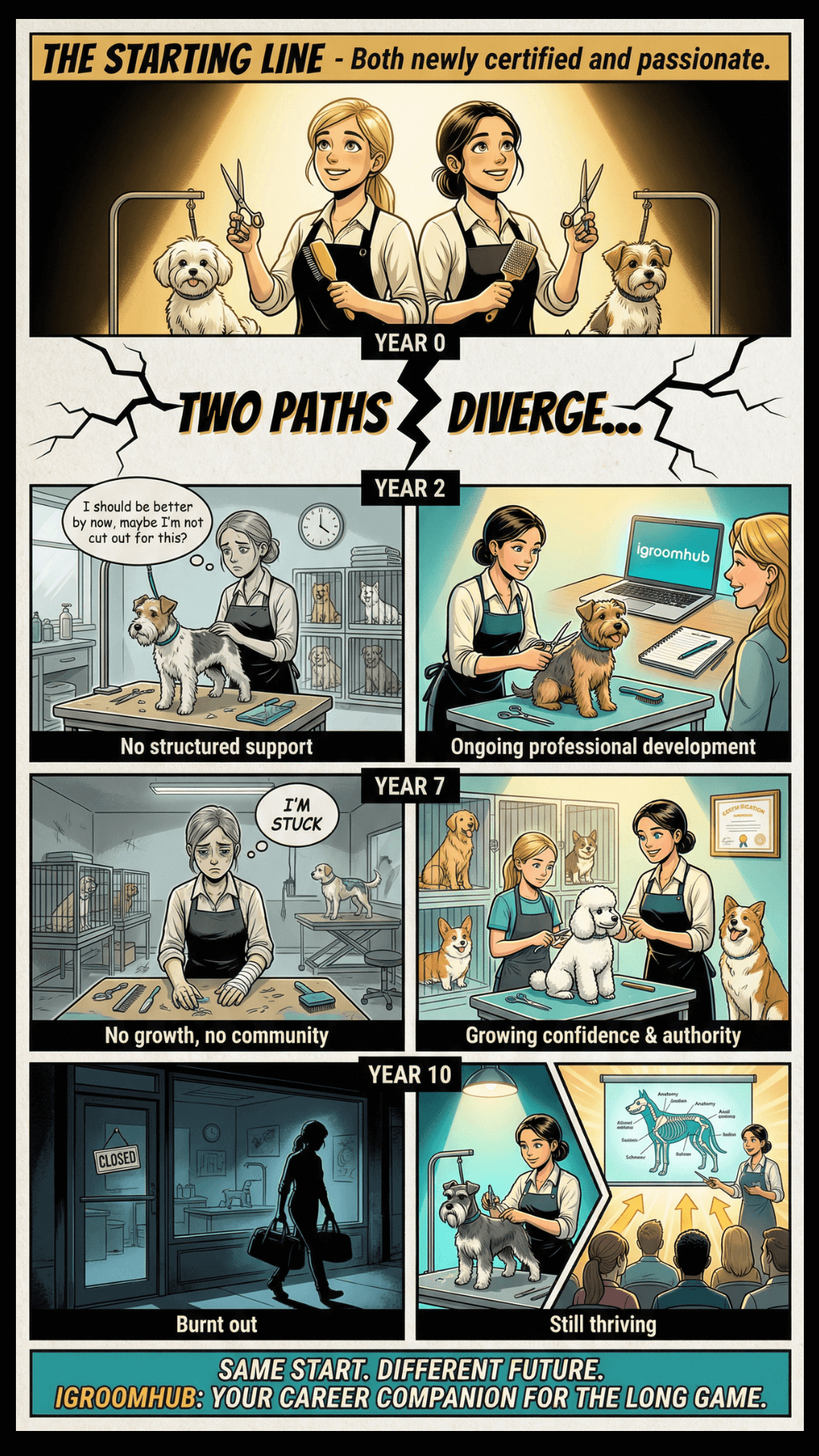 A comic strip illustrating career progression of a dog groomer over 10 years, showing stages from unstructured support, professional development, growth, and success, ending with ongoing thriving career, with the branding of igroomhub at the bottom