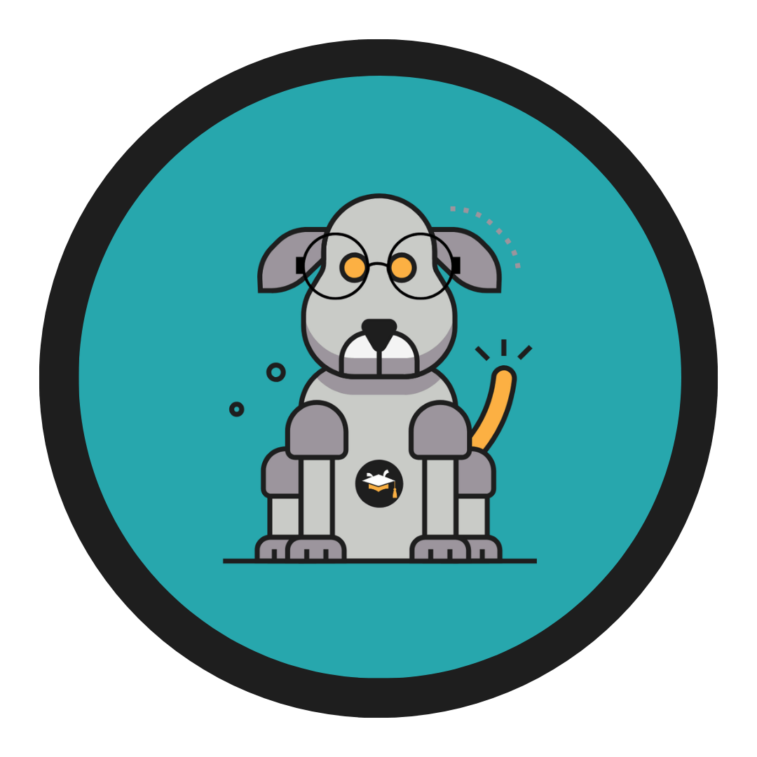 A digital illustration of a robot dog with glasses and a tail, sitting against a teal background. The robot dog has a badge with a graduation cap icon on its chest. igroombot.