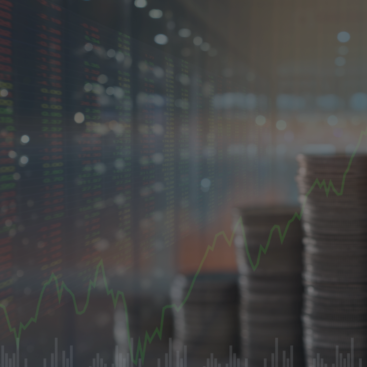 Stock market data with stacks of coins, cash, and an upward trending chart overlay.