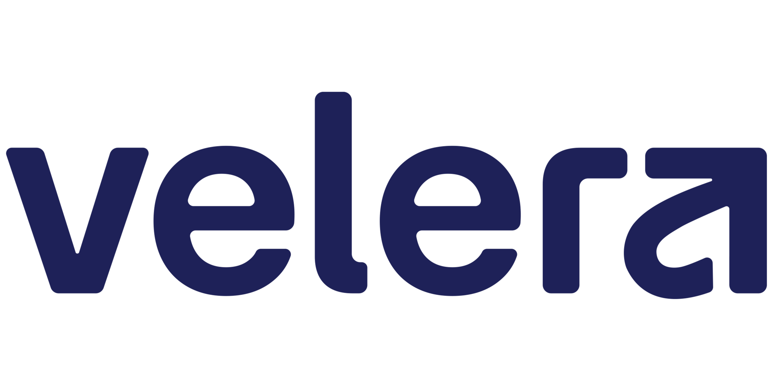 Velera logo in navy blue text on a black background.