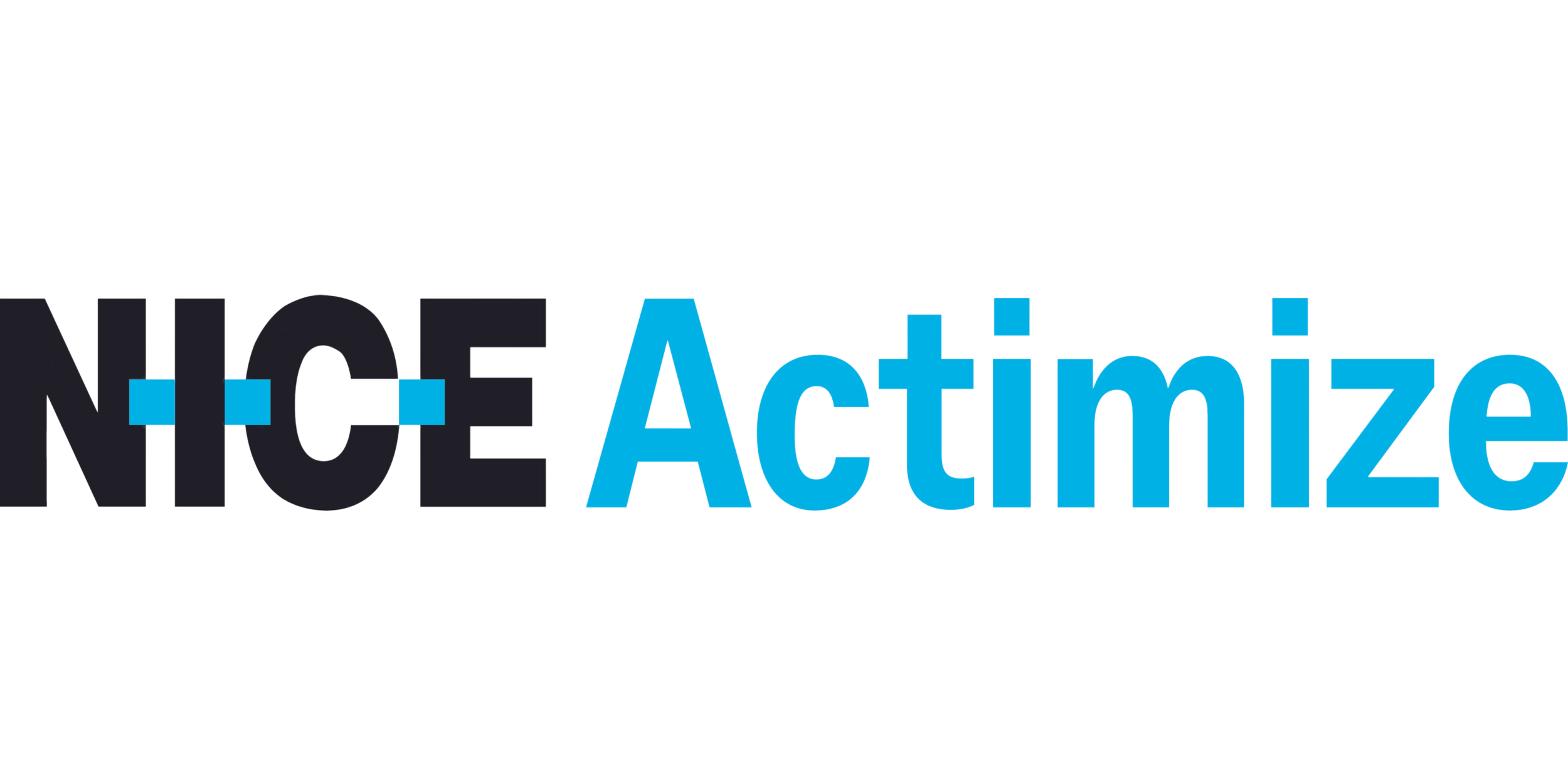 The image displays the phrase 'NICE' in large black letters and 'Actimize' in large blue letters, with a black rectangular background behind the text.