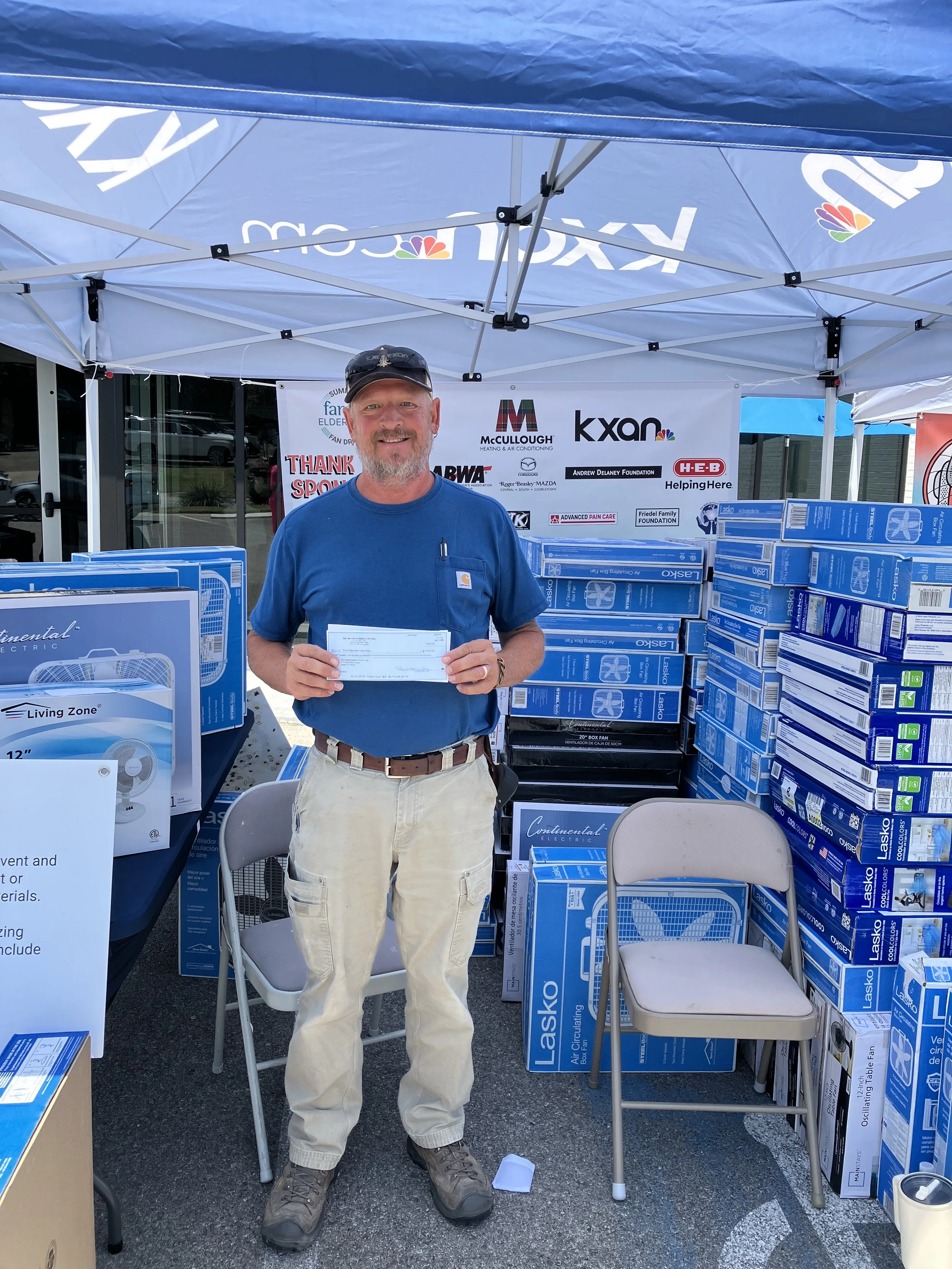 A person holding a check donation standing next to fans