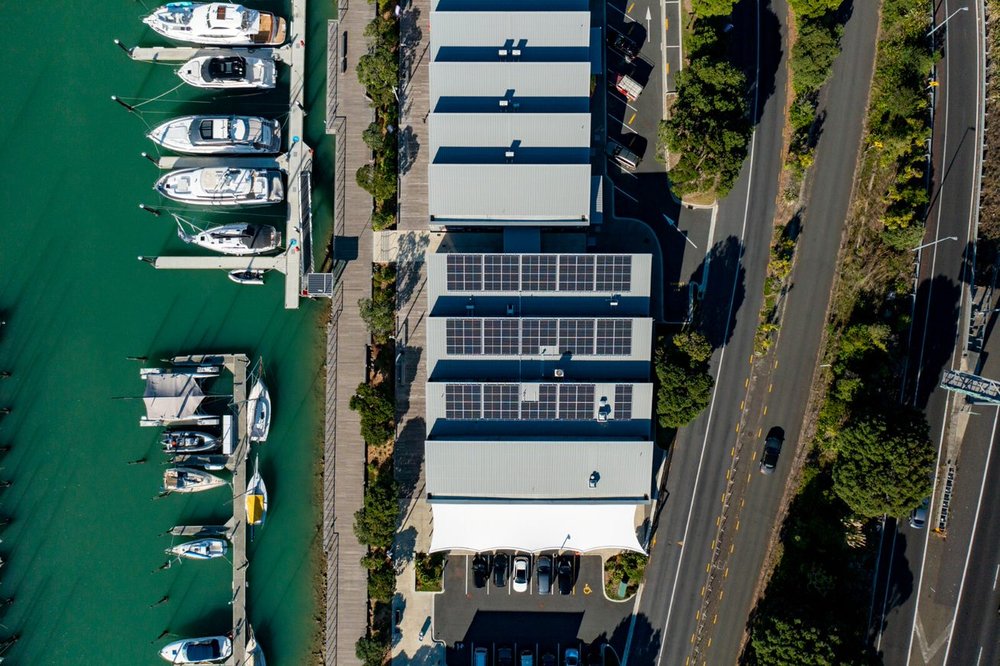 Solar panels on the roof of Westhaven Marina offices.jpg
