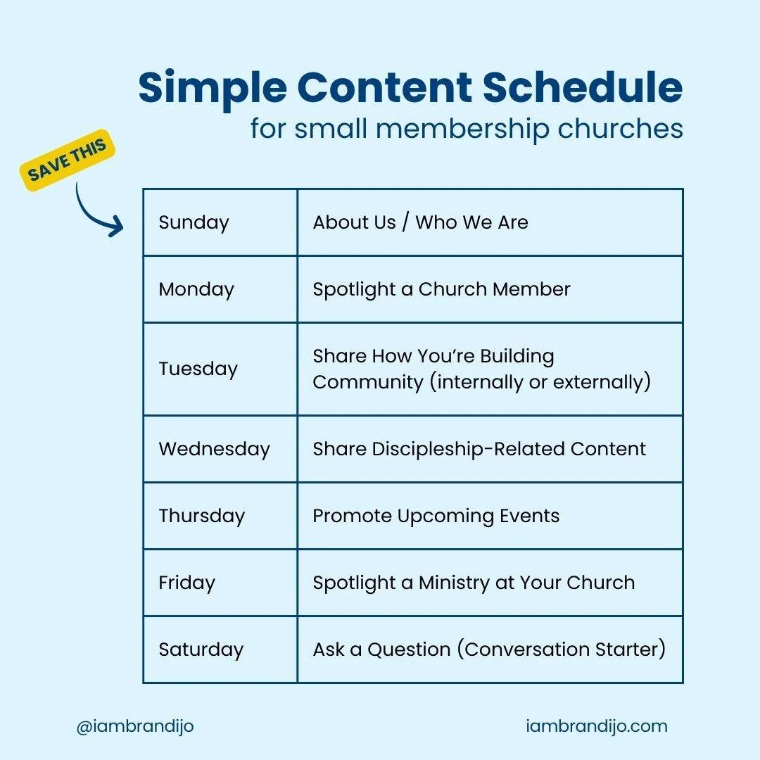 Don't know what to post on social media this week? Copy this easy content schedule! 

I've used this content schedule (and variations) multiple times to jumpstart engagement (likes, comments &amp; shares) on church accounts across Facebook and Instag