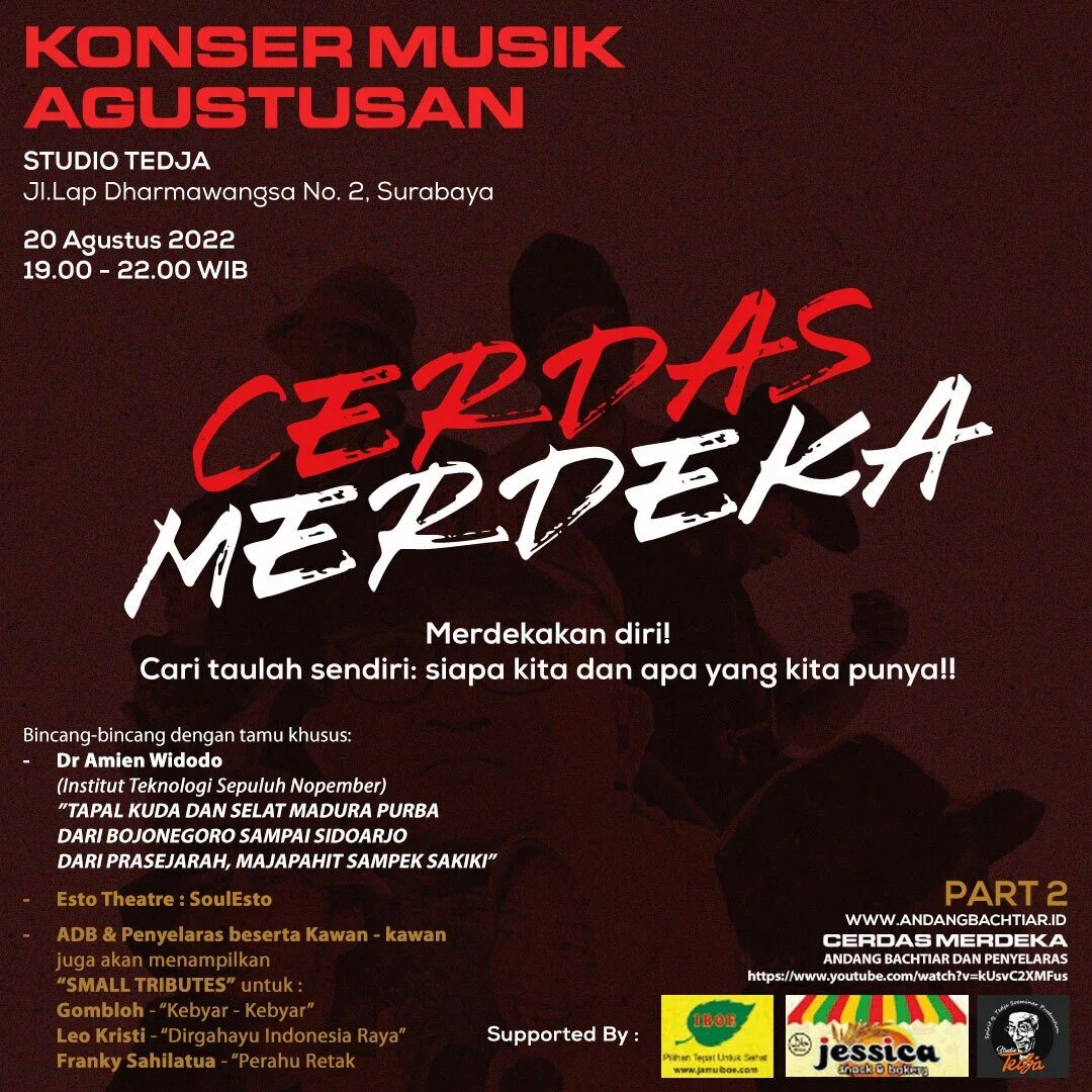 TIDAK ADA ONLINE STREAMING untuk Konser Cerdas Merdeka di Surabaya!

Datang, datang!!!

Konser musik agustusan bagian dua akan diramaikan oleh @estotheatre @soulesto_, dengan pertunjukan teater tarinya, bincang-bincang bersama @amienwidodo, ada juga 