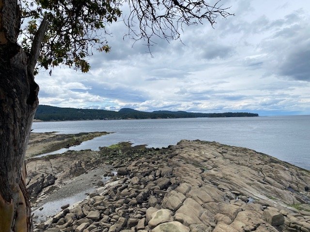 A rocky beach and blue ocean with cloudy skies