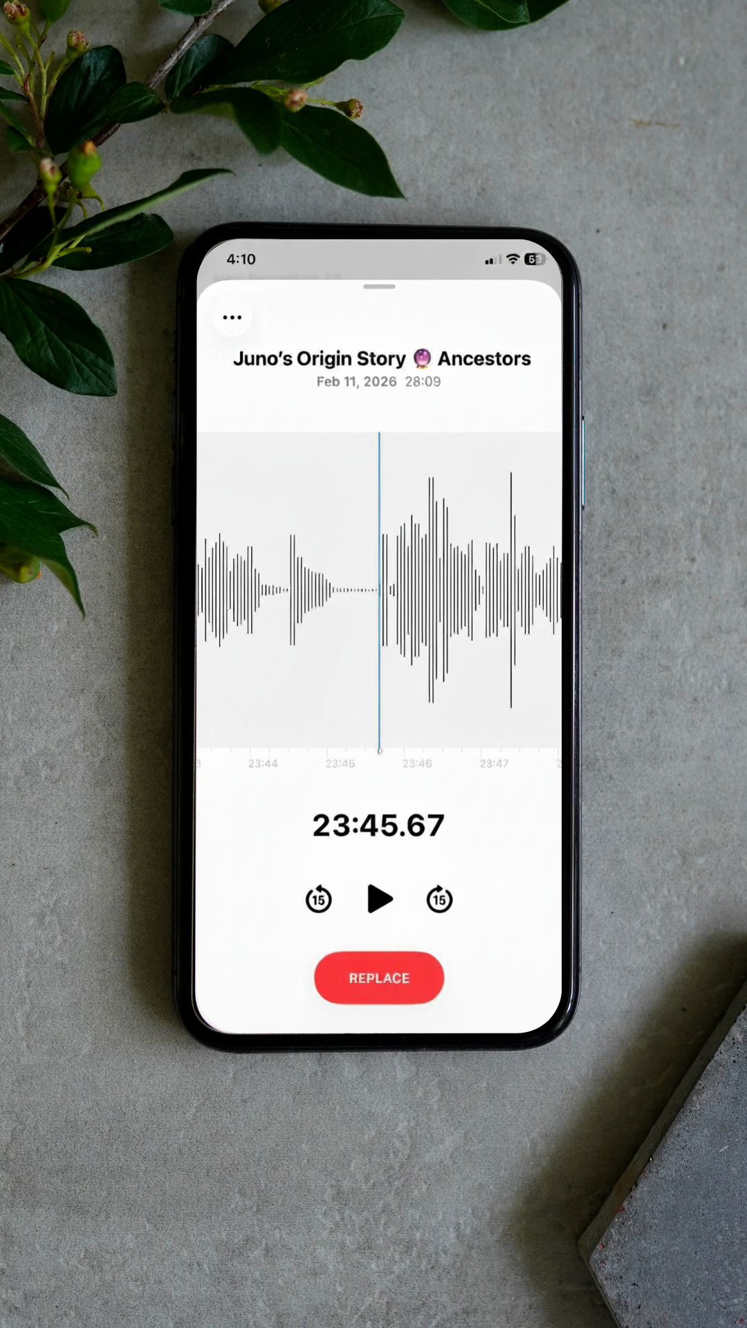 Smartphone displaying a voice recording app with a waveform, timestamp, and controls on a gray surface next to green plant leaves.