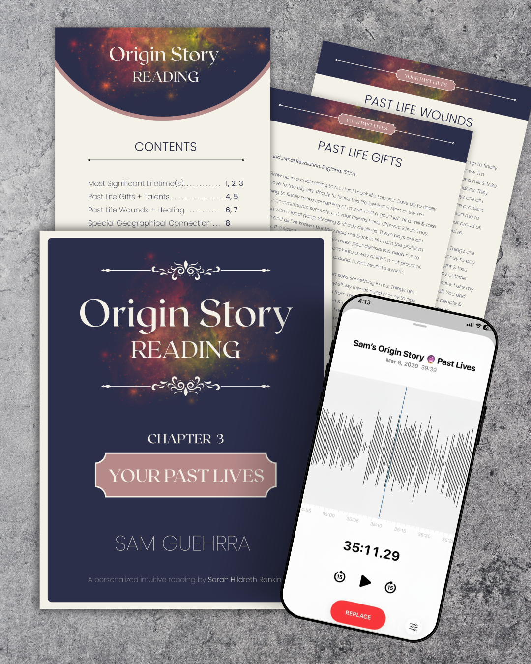 Multiple materials related to a book titled 'Origin Story Reading' by Sam Guehrra, including the book cover, pages with contents, and a mobile device showing an audio recording of an origin story.