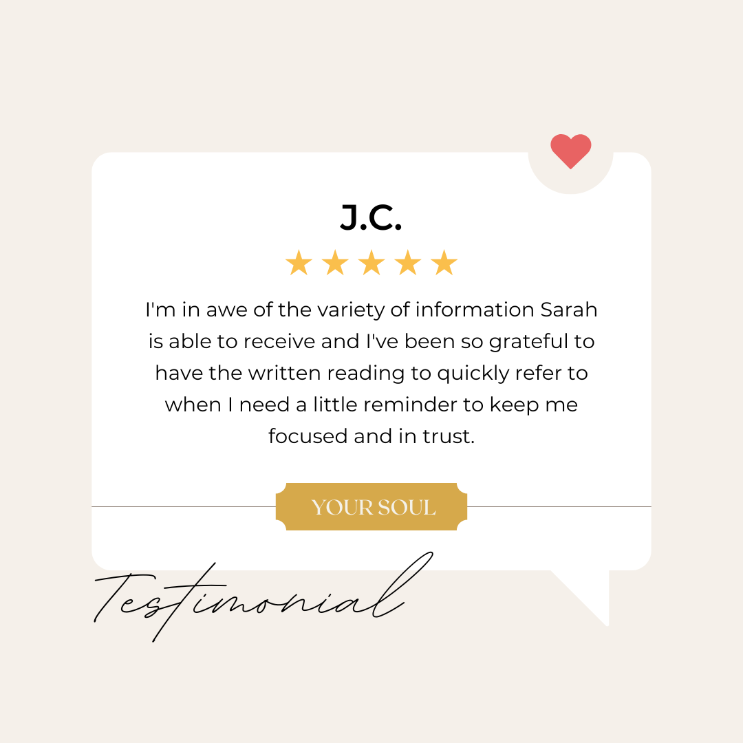 Testimonial card with five-star rating, review text, a gold labeled button saying 'YOUR SOUL', and a small red heart icon in the top right corner, with the word 'Testimonial' written in cursive at the bottom.