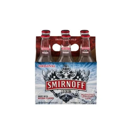 A six pack of clear glass bottles in a box labeled "Smirnoff Ice"
