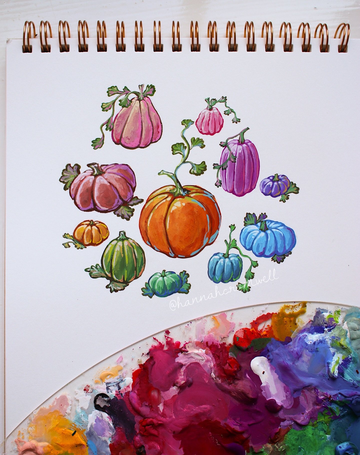 Rainbow pumpkins! 🌈🎃✨

I started painting another piece this day but decided it would be more fun to paint a bunch of different coloured pumpkins instead. Turns out changing my mind halfway through worked out pretty well as I had so much more fun p