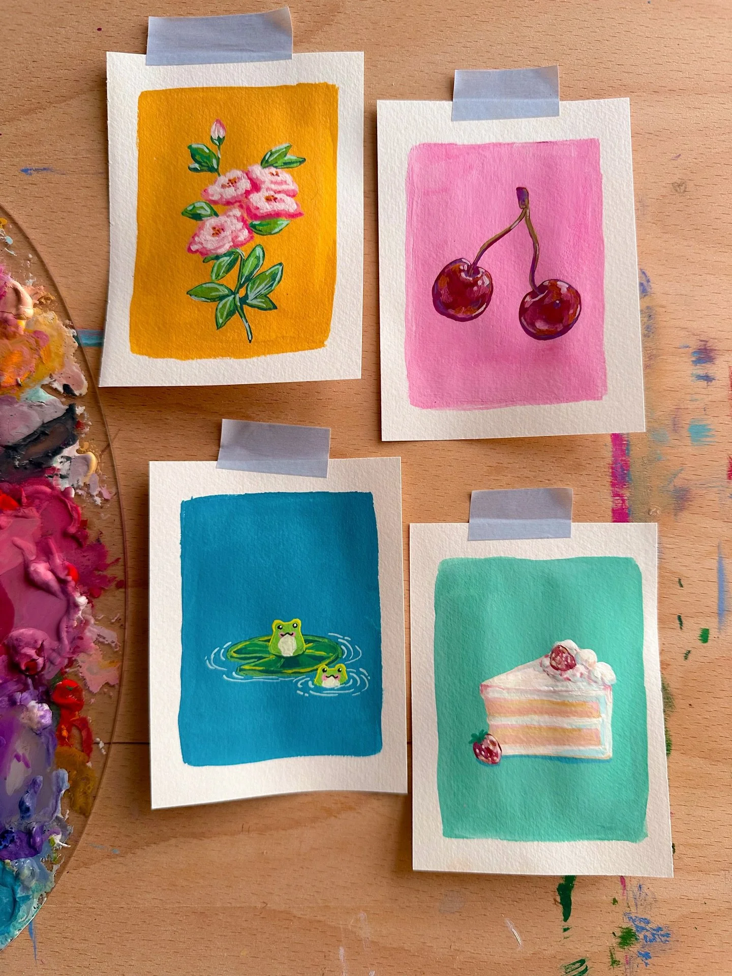 Mini gouache paintings! 🐸🍒🍰💛🎨 Super happy with these little paintings! What shall I paint next as I love painting small? 👀✨

I painted these on Friday as a little giveaway for those who ordered during my shop launch! The winners have been poste