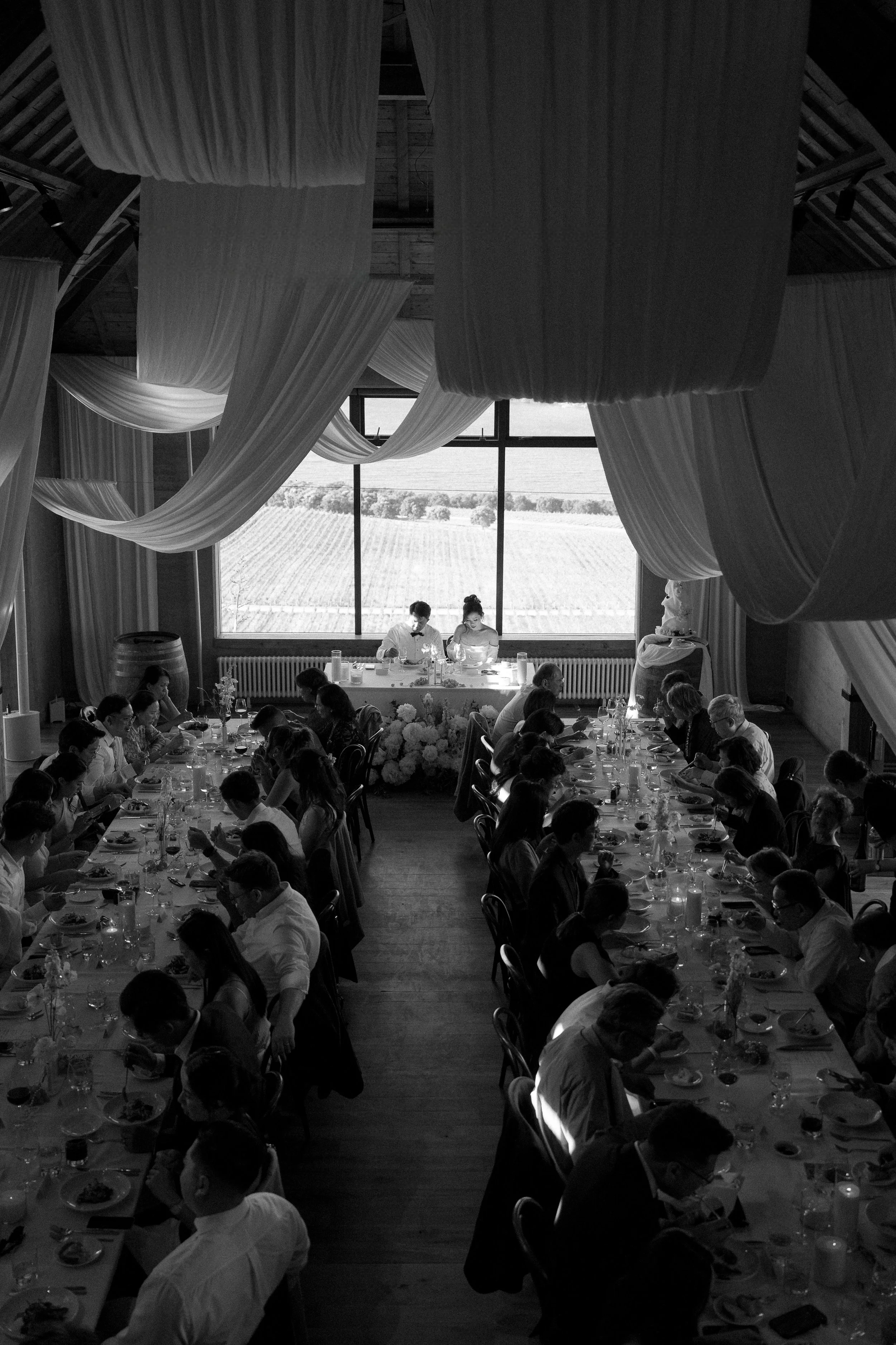 Rippon Hall wedding interior with fabric draping, Central Otago New Zealand