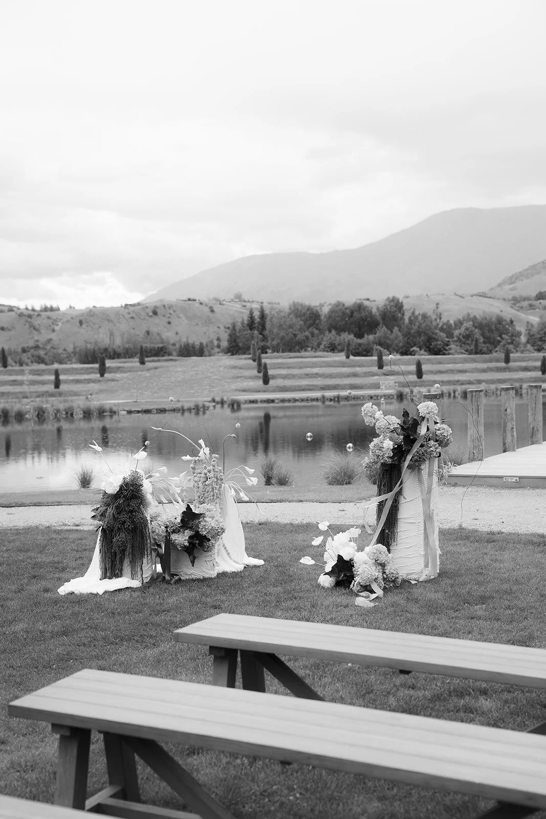 Modern sculptural wedding ceremony styling at Ayrburn The Pond Queenstown