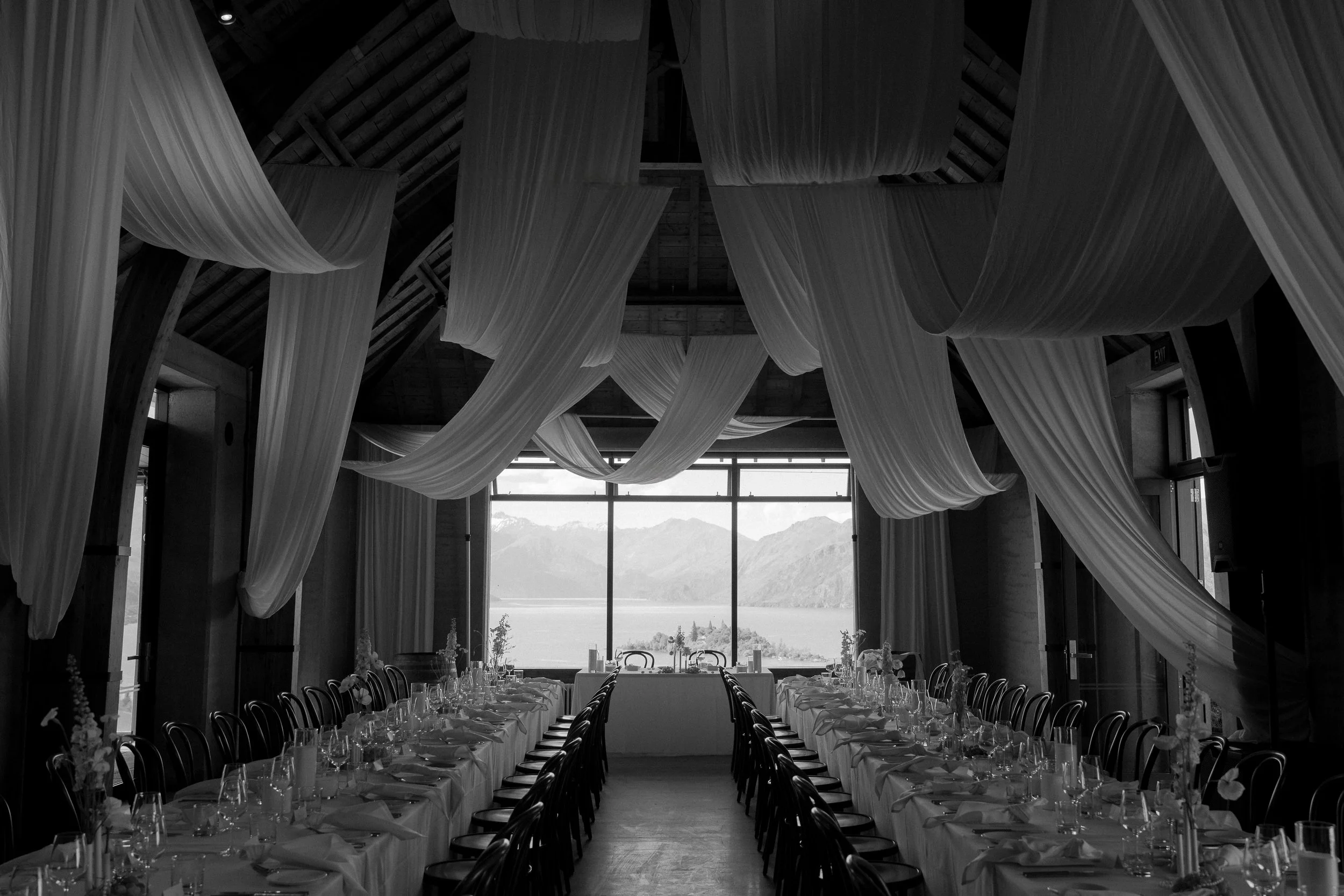 Queenstown wedding stylist drapery at Rippon Hall Wanaka