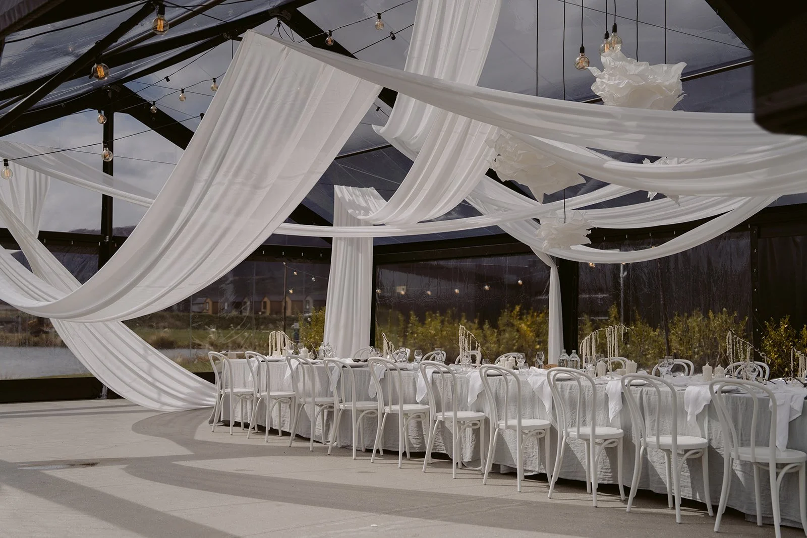 Marquee wedding ceiling draping Queenstown NZ, aMoment Wedding