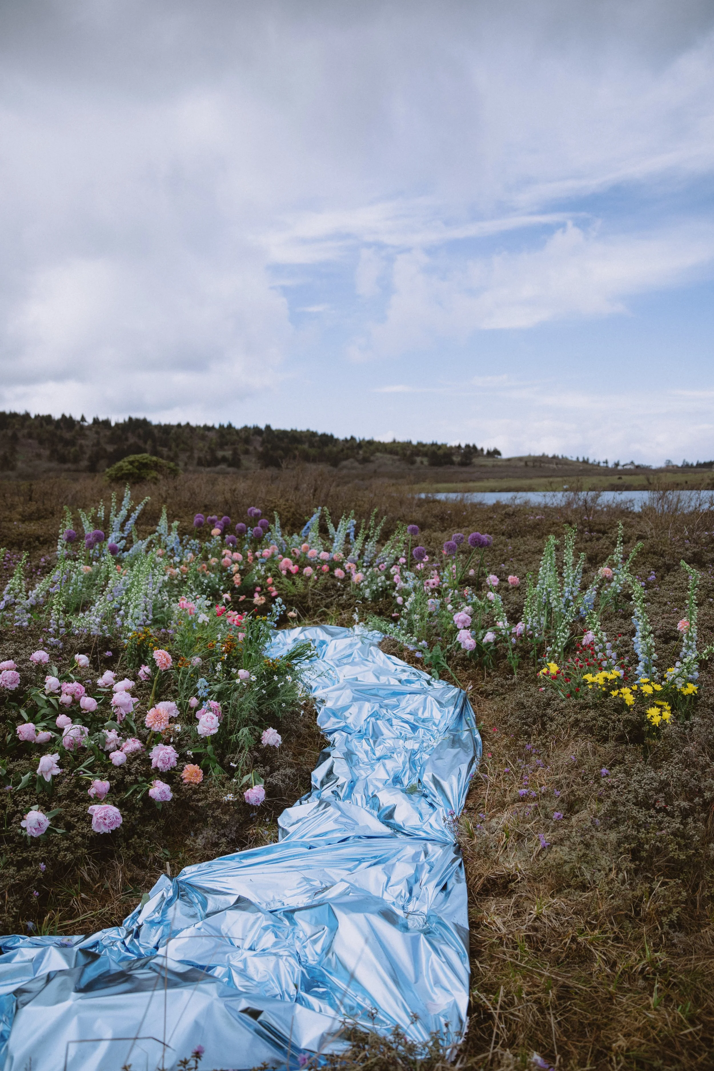 Foil blanket surrounded by pink, purple, yellow, and blue flowers on a grassy field with hills and a lake in the background under a partly cloudy sky.