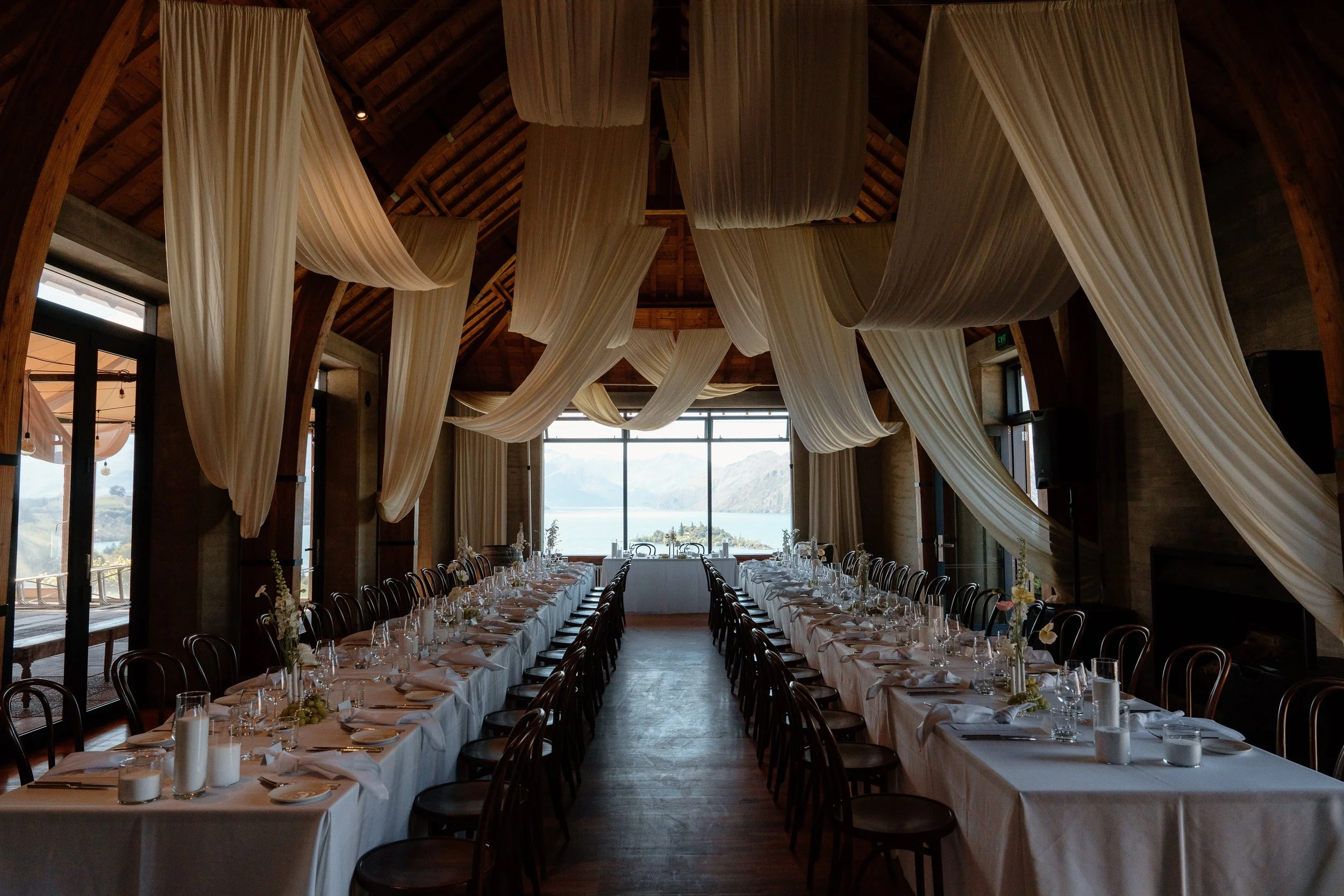 Rippon Hall wedding drapery installation, Wanaka, New Zealand — aMoment Wedding