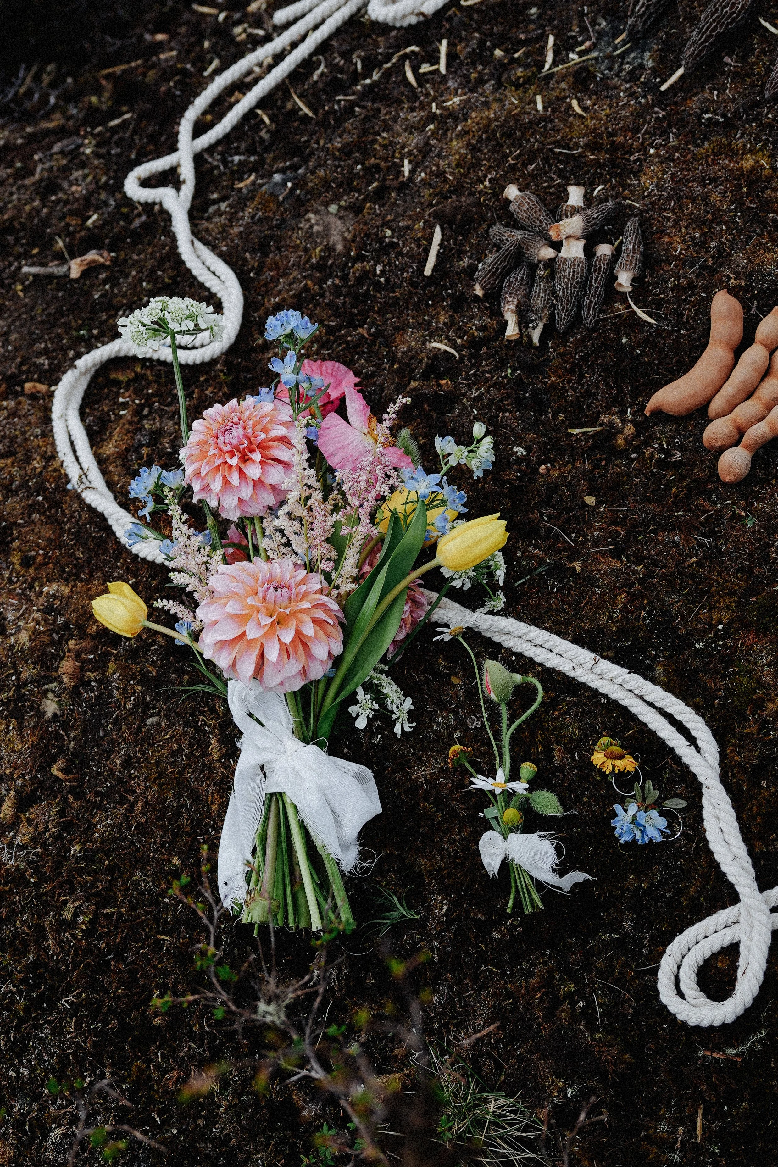 A bouquet of pink dahlia, yellow tulips, and small blue and white flowers lies on dark soil. Nearby are various fungi and roots, with a white cord and smaller flowers scattered around.