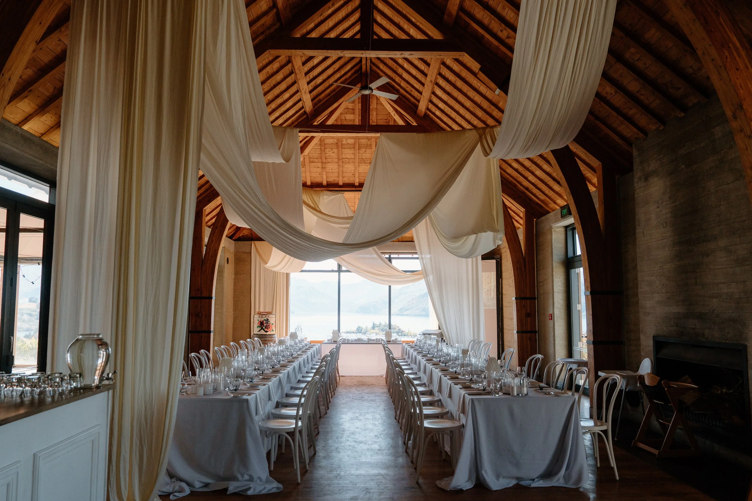 Rippon Winery wedding styling, fabric ceiling draping, New Zealand