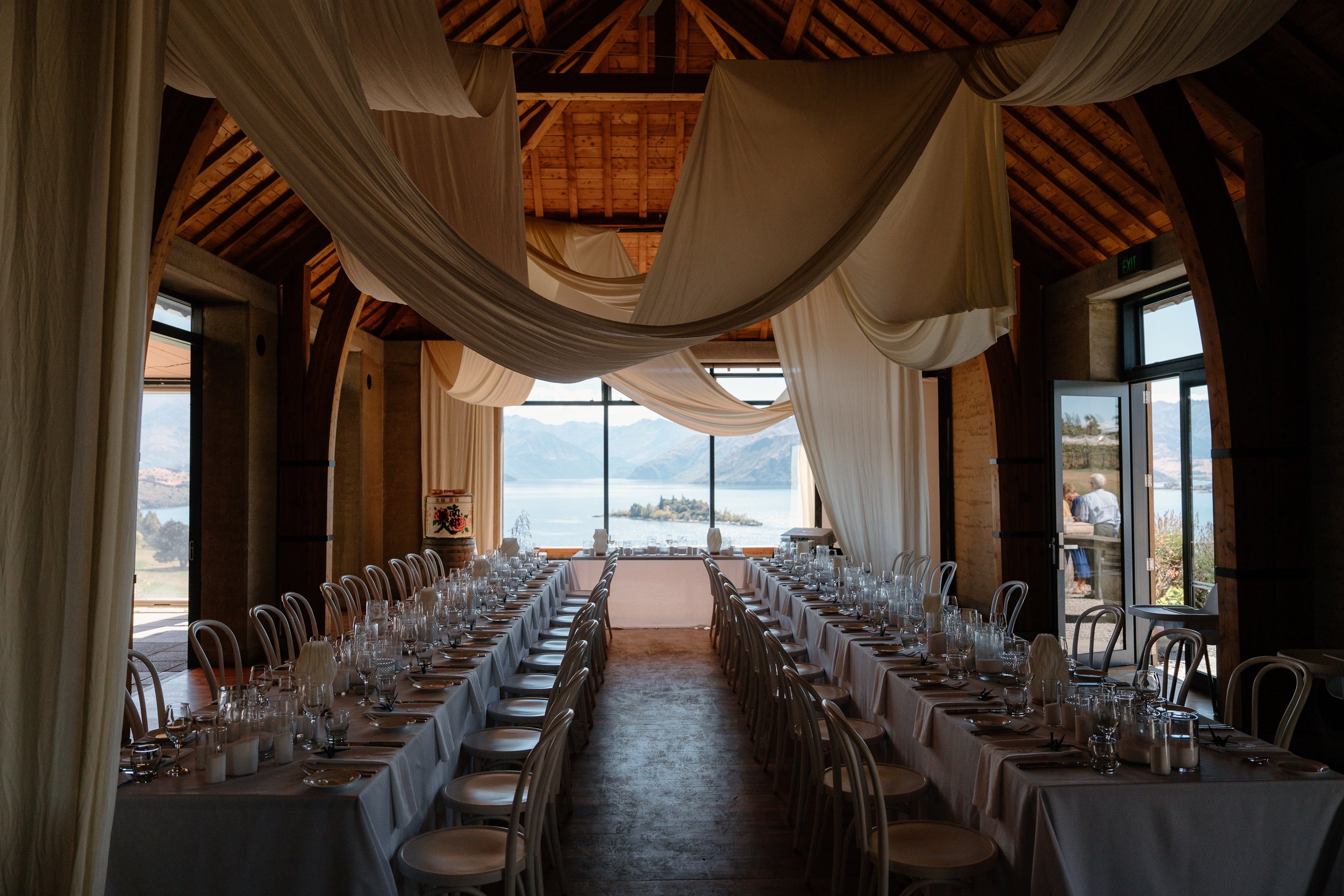 Sheer fabric ceiling drapery at Rippon Hall wedding, Wanaka New Zealand