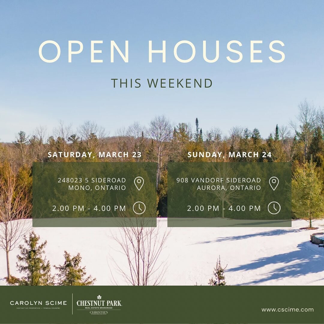 OPEN HOUSES 🏡 This weekend ➡️

✨Saturday, March 23rd: 2-4pm | 248023 5 Sideroad, Mono📍

✨Sunday, March 24th: 2-4pm | 908 Vandorf Sideroad, Aurora📍

View more on these beautiful properties via the links in our bio. 

_______________________________