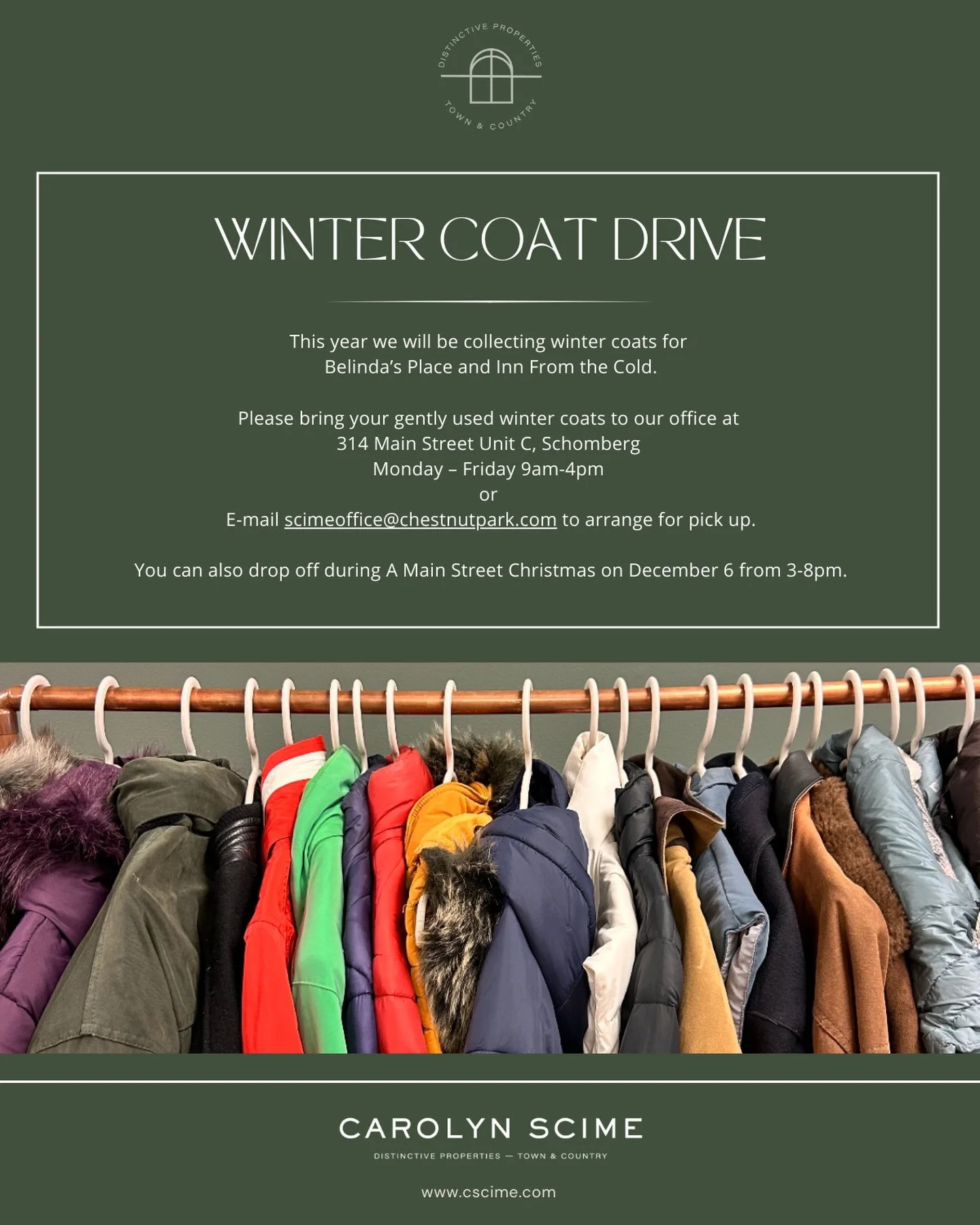Winter Coat Drive ❄️🧥✨

This year we will be collecting winter coats for
Belinda&rsquo;s Place and Inn From the Cold.

Please bring your gently used winter coats to our office at 314 Main Street Unit C, Schomberg, Monday &ndash; Friday 9am-4pm or E-