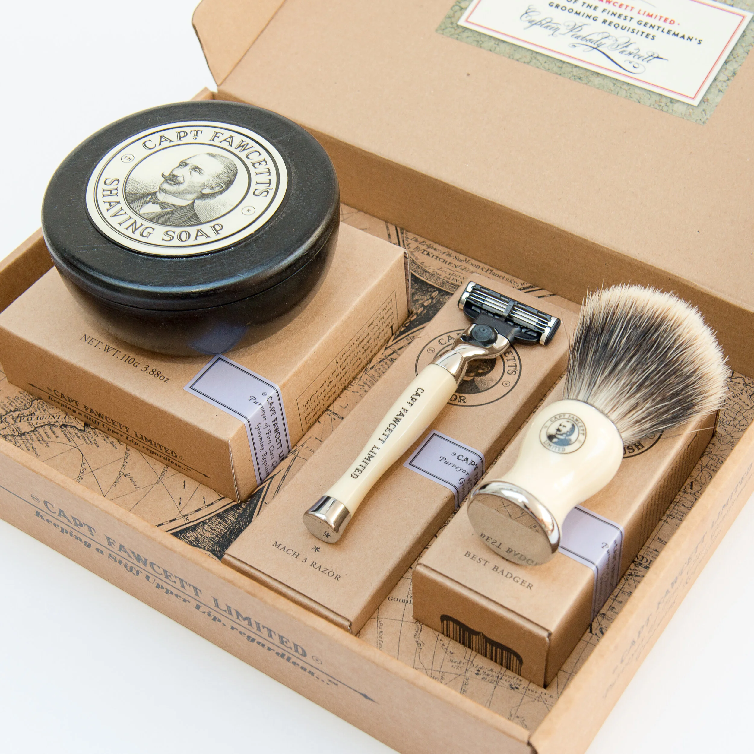 Captain Fawcett's Shaving Brush, Razor and Shaving Soap Gift Set