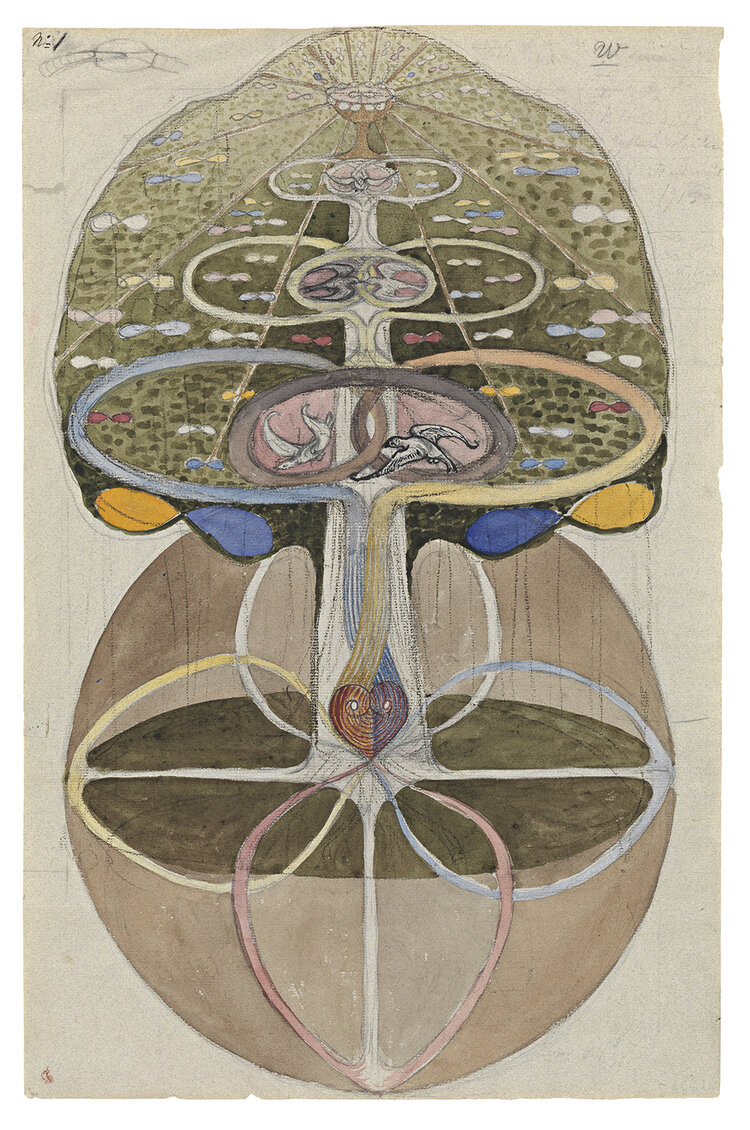 Hilma af Klint,  Tree of Knowledge , No 1, The W Series, 1913. Watercolour, gouache, graphite and metallic paint on paper. By the courtesy of the Hilma af Klint Foundation. Photo: Modern Museet, Stockholm